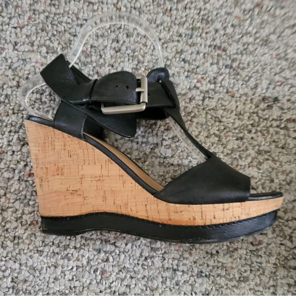 Franco Sarto Shantelle Black Leather & Cork Wedge Sandals Size 9